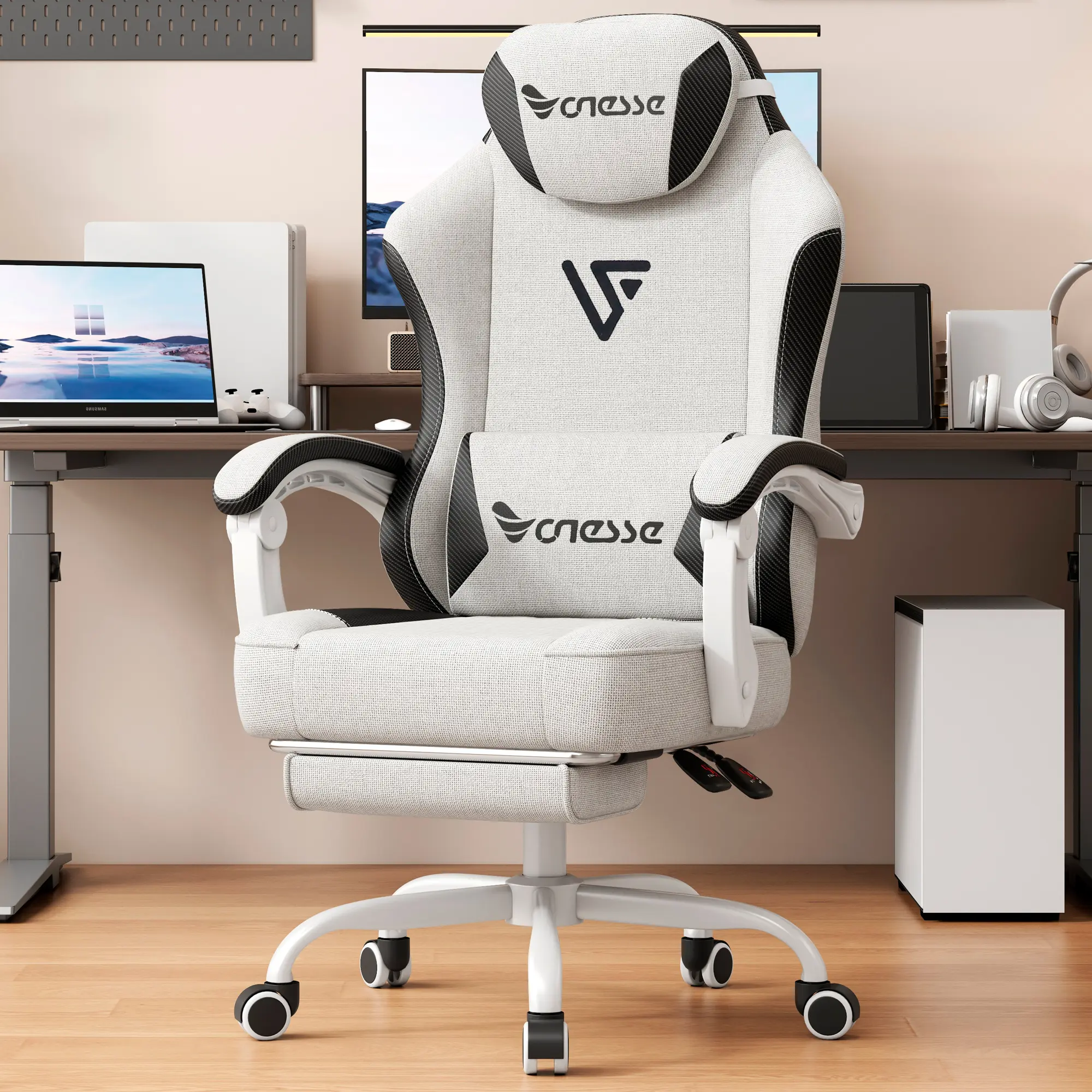 Vonesse Gaming Chair, Computer Chair Fabric with Pocket Spring Cushion, Office Chair with Footrest and Lumbar Support, Reclining Gaming Chairs for Adults 250LBS  Ergonomic V3008