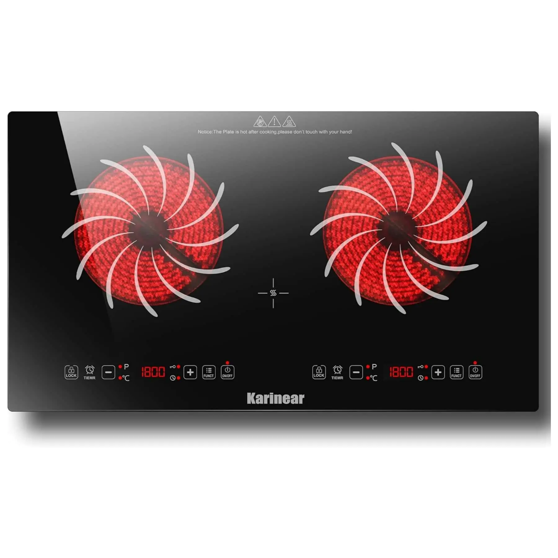 Karinear 2 Burner Electric Cooktop 2000W, 9 Heat Levels Double burner Electric Stove Top,Sensor Touch, Timer, Safety Lock Ceramic Top Radiant Cooktop with Glass Panel,  110-120V, Portable electric cooktop for Cooking Requirements