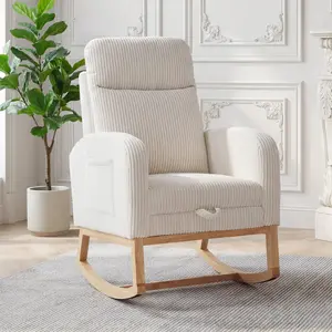 Modern Rocking Chair with Foot Rest, Rocker Accent Armchair with High Backrest, Padded Seat, Side Pocket, for Living Room, Bedroom, Nursery