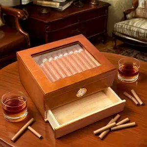 Handmade Cigar Humidifier, Cedar Wood Dual Layer Storage Box with Humidifier and Hygrometer, Glass Lid, Suitable for Ages 25-30
