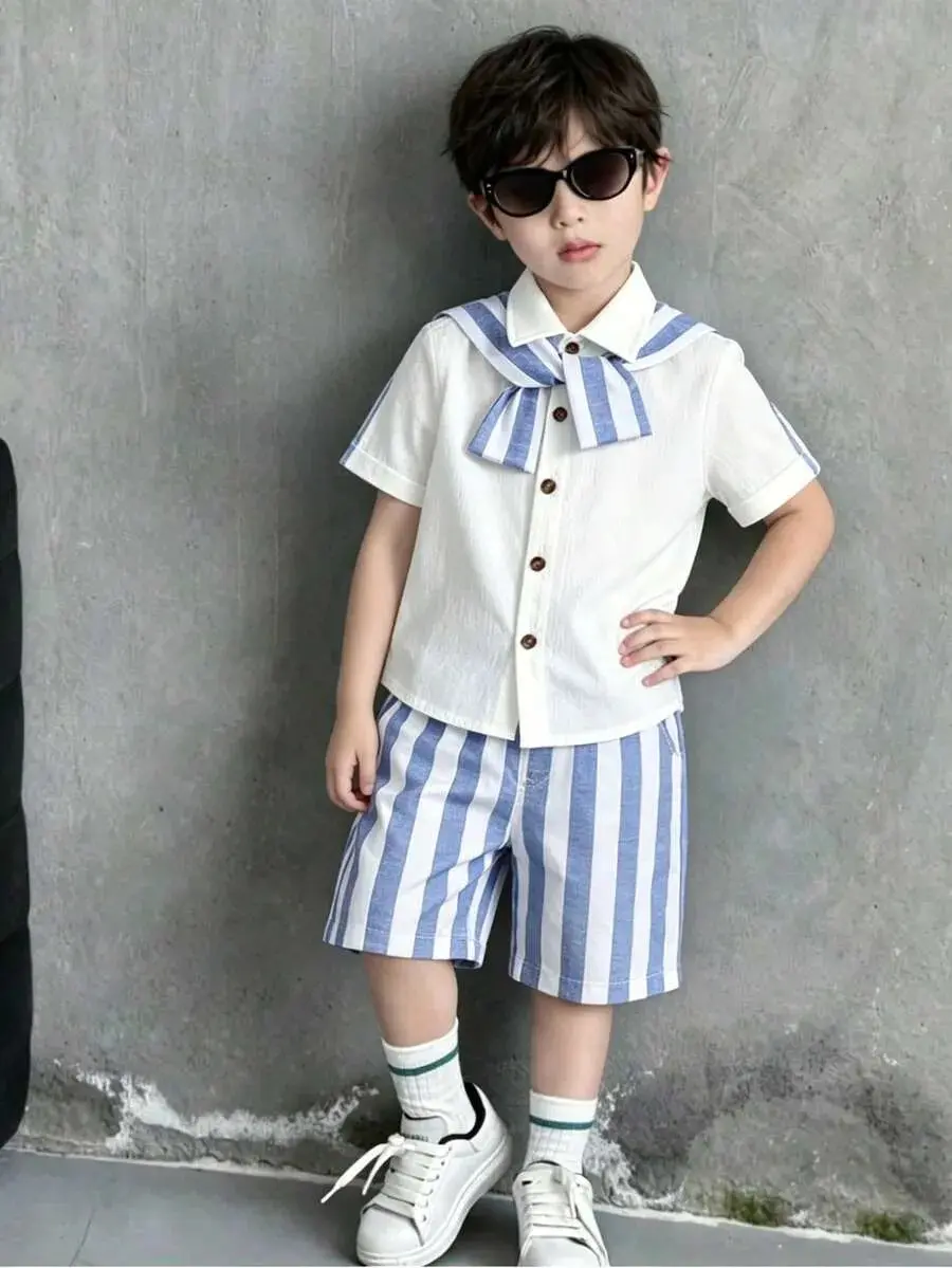 2pcs Young BoyTextured Stripe Knit Shirt And Shorts Set, Suitable For Casual, Travel, Vacation In Summer Boy Outfit Sets Elegant Retro Outfit For Kids