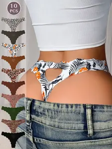 5/6/10 Pack Women's Seamless Wave Edge Thong Panties, Heart Cutout Design, Breathable Comfortable Fashion Underwear for All Seasons, Seamless Panties Set