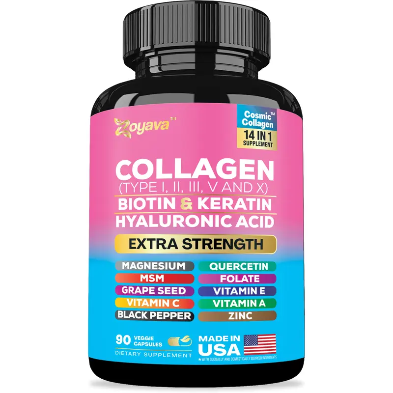 Zoyava Collagen Supplement - Type I, II, III, V and X - with Biotin, Keratin, Hyaluronic Acid & 13+ Extra Strength Ingredients for Beauty, Fitness, & Healthcare - 90 Capsules - MADE IN USA