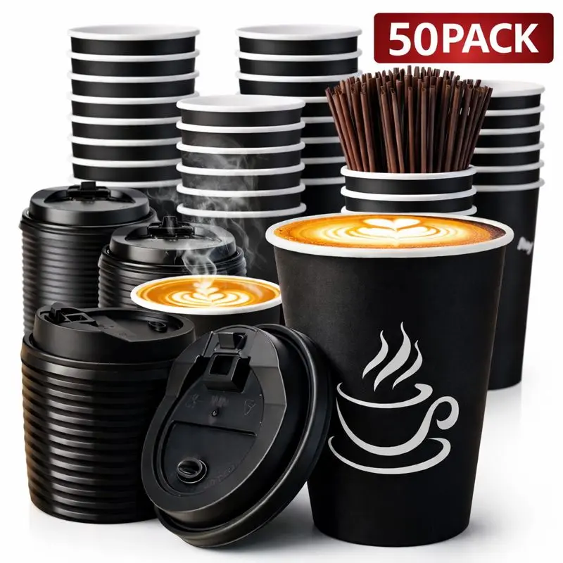 16 Oz Disposable Plastic Coffee Cups Set (50-Pack) - Black Minimalist, Leakproof, Sturdy, with Lids & Straws, Food Grade Paper, for Hot Cold Drinks, Home, Party Supplies