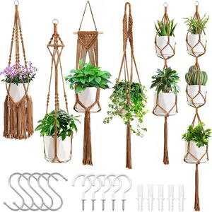 Macrame Plant Hangers 6Pack Hanging Planters for Indoor Plants w/ 6 Set Hangers Kit Modern Retro Style Heavy Duty Knots Easy Installation Garden Pot Garden Accessories
