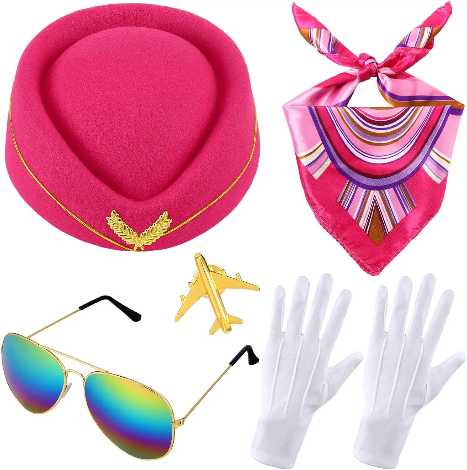 7 Pcs Women Flight Attendant Costume Accessories Stewardess Outfits Bellhop Hat Scarf Sunglasses Gloves
