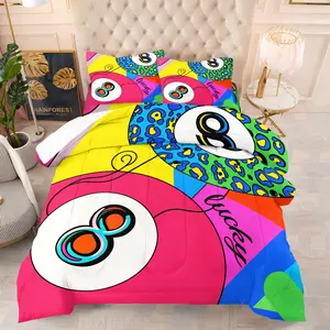 Bold Colorful Lucky 8 Ball Quilted Comforter Set, Soft Breathable Microfiber Bedding, Includes 1 Quilt and 1 or 2 Coreless Pillowcase, Pop Art Leopard Print Warm Quilt, Modern Trendy Bedroom Decor for Young Adults