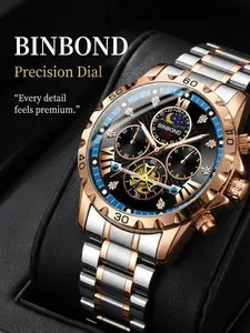 Men's Analog Watch with Case, Three-Hand Timer, Moon Phase Display, Hollow Flywheel, Blue Circle Studs, Stainless Steel Band