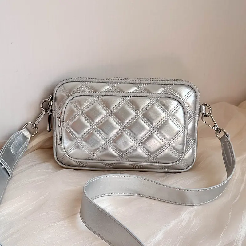 Silver Crossbody Bags for Women Trendy Metallic Quilted Purse Wide Strap Camera Bag Multi Zipper Puffer Clutch Casual Party Concert Aesthetic Gift