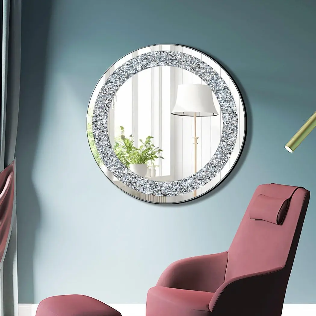 Round Wall Mirror for Home Decoration in  Crush   24x24x1 inch Wall Hang Frameless Mirror Glass  Decor.