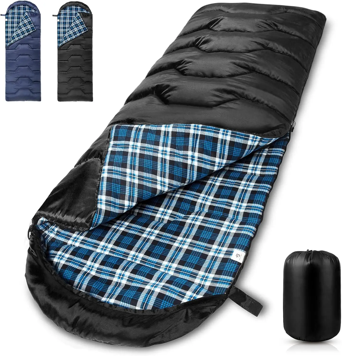 Adult Sleep Sacks for Camping, 3-4 Season Envelope Style with Flannel Lining, 18°F Rated for Cold Weather, Large Water-Repellent Ripstop Polyester Travel Accessory