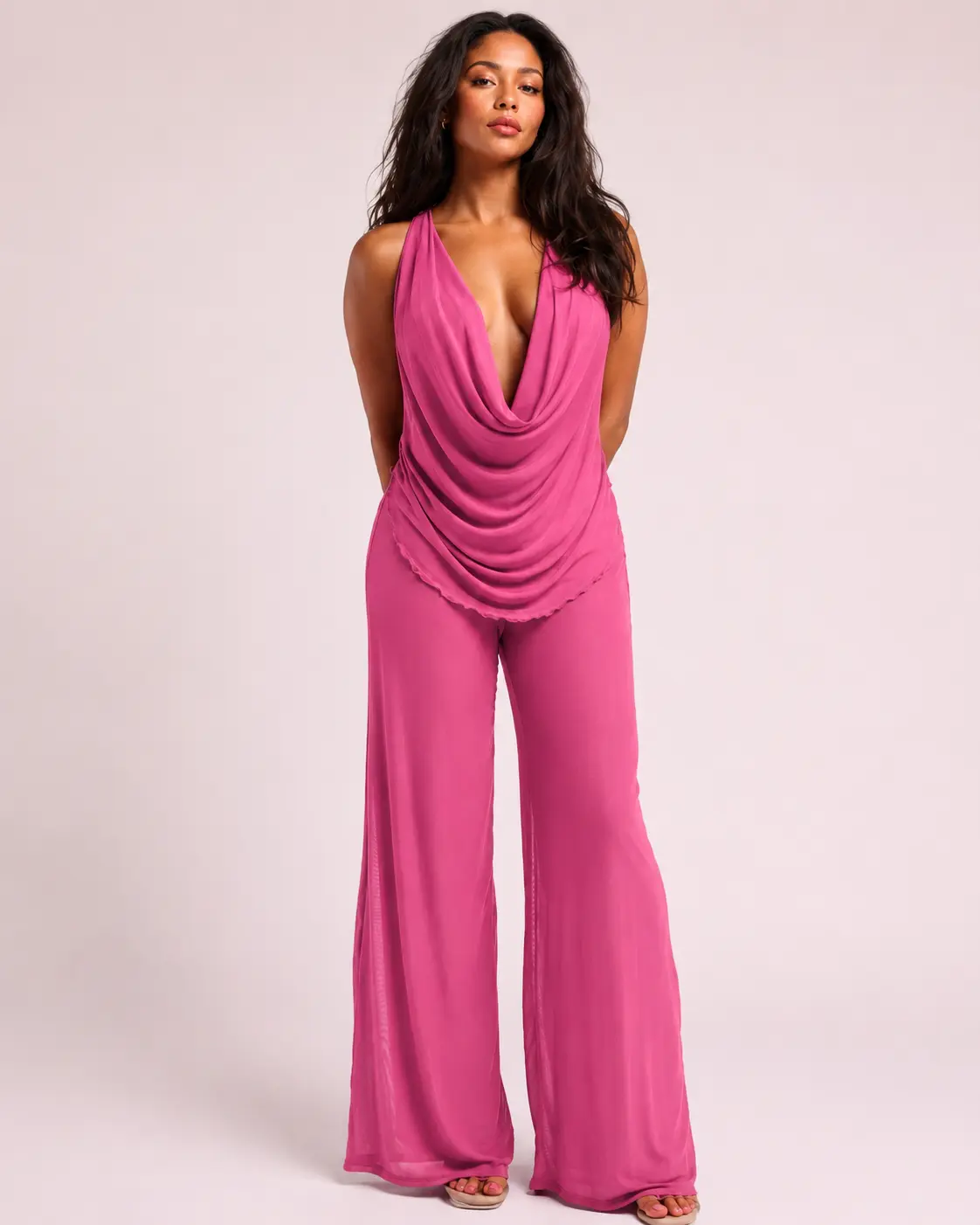 Women's 2-Piece Fabric Set - Chic Mesh Cowl Neck Sleeveless Halter Top, Stretchy Breathable Wide Leg Pants for Summer Beach Resort Vacation, Resort-Themed Pants & Top Sets, Pants & Top Sets