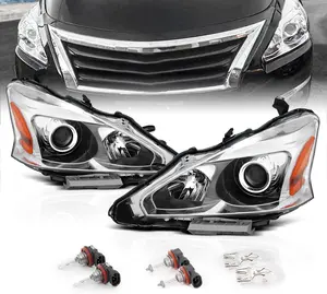 AmeriLite for 2013-2015 Altima 4Dr Sedan Projector Chrome Housing Halogen Replacement Headlights Assembly Pair - Driver and Passenger Side