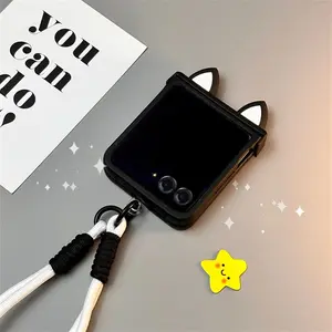 New Korean Cute Cat Ears Black Portable Rope Phone Case for Motorola Razr 70 60 Ultra Razr 60 50 Ultra for Flip7 flip6 5 Cover
