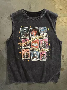 Gothic Kawaii Tarot Card Cropped Tank Top - Sleeveless Shirt with Magical Skeleton Print, Loose Fit Round Neck Suitable for Spooky Season, Themed Parties & Casual Attire, Machine ... Easter, Music Festival, Mother's Day Gifts
