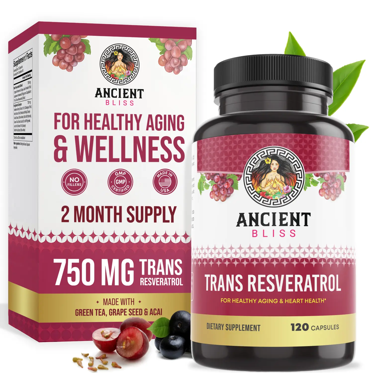 Ancient Bliss Trans Resveratrol Antioxidant Complex - Organic Vegan, Gluten-Free, GMO-Free, Unflavored Anti-Aging Dietary Supplements, 120 Capsules with Green Tea, Grape Seed Extract for Cardiovascular Health, Immune Support (Adults)