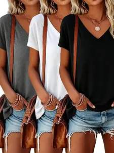 Three-Pack Basic V-Neck Short-Sleeve T-Shirts for Women, Loose-Fit Casual Tops, Comfortable All-Season Wear, Summer