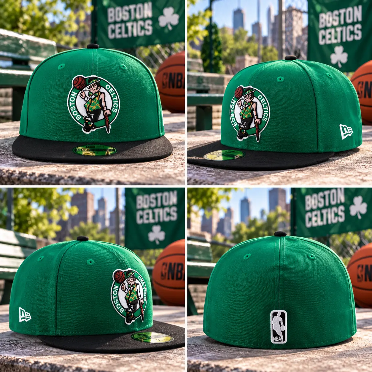 Celtics Green Fitted Baseball Cap – Embroidered Basketball Team Logo, Black Flat Brim Hat, Unisex Sportswear