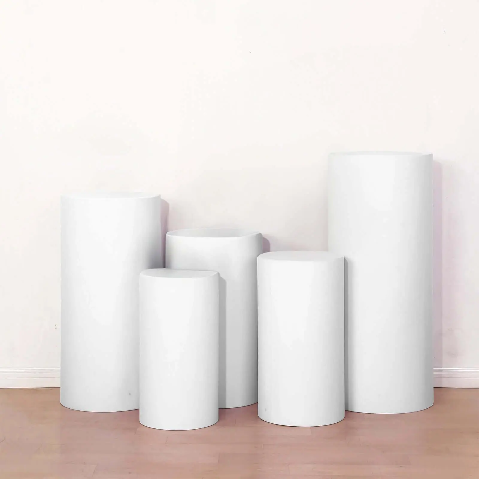 Set of 5 White Spandex Cylinder Pedestal Stand Covers, Stretchable Pillar Prop Covers - 160 GSM, Machine Washable Covers, Decorations