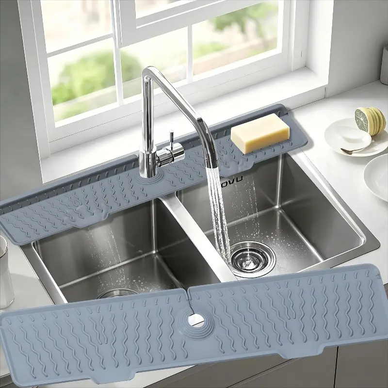 1pc Heavy-Duty Anti-Skid Sink Pad, Splash Pad with 5° Angle Drainage - Foldable Grey/Black Design, Easy-Clean Silicone, Fit for Sinks, Dishwasher & Washing Machines