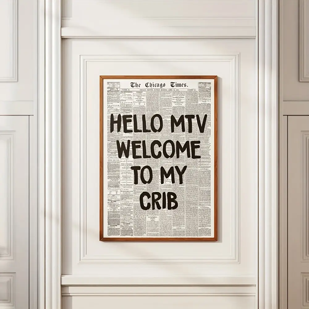 1 Piece "Welcome to My Pad" Hi-MTV Retro 70s Font Poster ​     – Vintage newspaper-style printed wall art, frameless canvas decorative painting, perfect for living room, bedroom, or home office – Adorable room decor Wooden Wall Art Decoration Artistic
