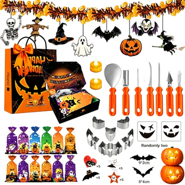 Pumpkin Carving Kit for Kids, 7 Easy Halloween Pumpkin Carving Tools Set, 2 LED Candles, 10 Carving Stencils & 20 Halloween Cellophane Candy Bags