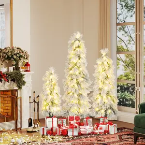 COSTWAY Pre-Lit Christmas Tree Set of 3, Snow Flocked Slim Pencil Artificial Xmas Trees with Warm White/Multicolored LED Lights,  Metal Base, for Holiday Seasonal Office Home Decor
