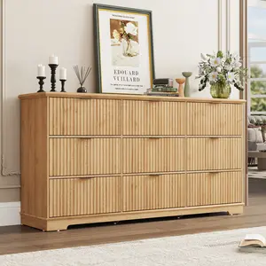 Fluted Dresser for Bedroom, Wood Dresser with Power Outlet and Deep Drawers, Wide Chest of Drawers, Modern Closet Dressers for Bedroom, Living Room, Nursery, Oak/Brown