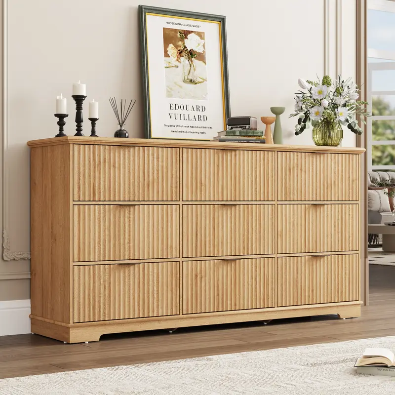 Fluted Dresser for Bedroom, Wood Dresser with Power Outlet and Deep Drawers, Wide Chest of Drawers, Modern Closet Dressers for Bedroom, Living Room, Nursery, Oak/Brown