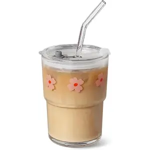 13oz Glass Tumbler with Straw and Lid,  Iced Coffee Cup Tumbler, Cute Glass Cups for Water, Matcha, Travel Coffee Mugs ( Flower)