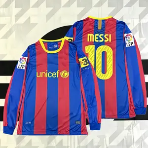 10-11 Season Home Red and Blue Messi #10 Long-Sleeve Retro Jersey