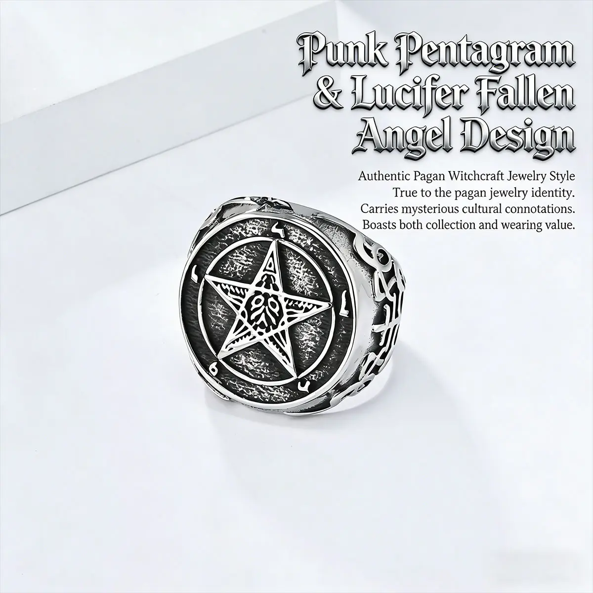 Solid Copper Pentagram Ring with Lucifer Fallen Angel Design - Vintage Dark Fantasy Aesthetic Jewelry with Authentic Pagan Symbolism for Rituals, Gothic Punk Style, Witchcraft Culture, Everyday, Antique Patina, Artist Style Rings, Vintage Dark Style