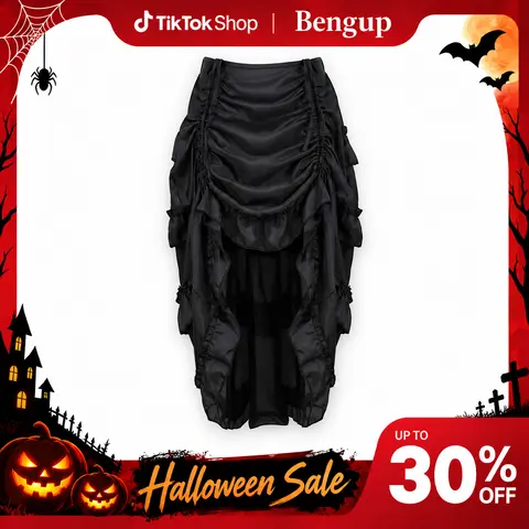 Lady's Victorian Steampunk Pirate High-Low Ruffle Skirt - Gothic Halloween Costume, Light Fitted Basic Seamless Corset-Compatible Fabric, Casual Black 6388 D2, Everyday Wear,sohochic