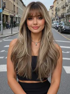 26 Inch Long Highlighted Wig with Bangs, Synthetic Hair Top Puff Natural Parting, Elegant Women's Wig for All Ages, Synthetic Hair Wigs