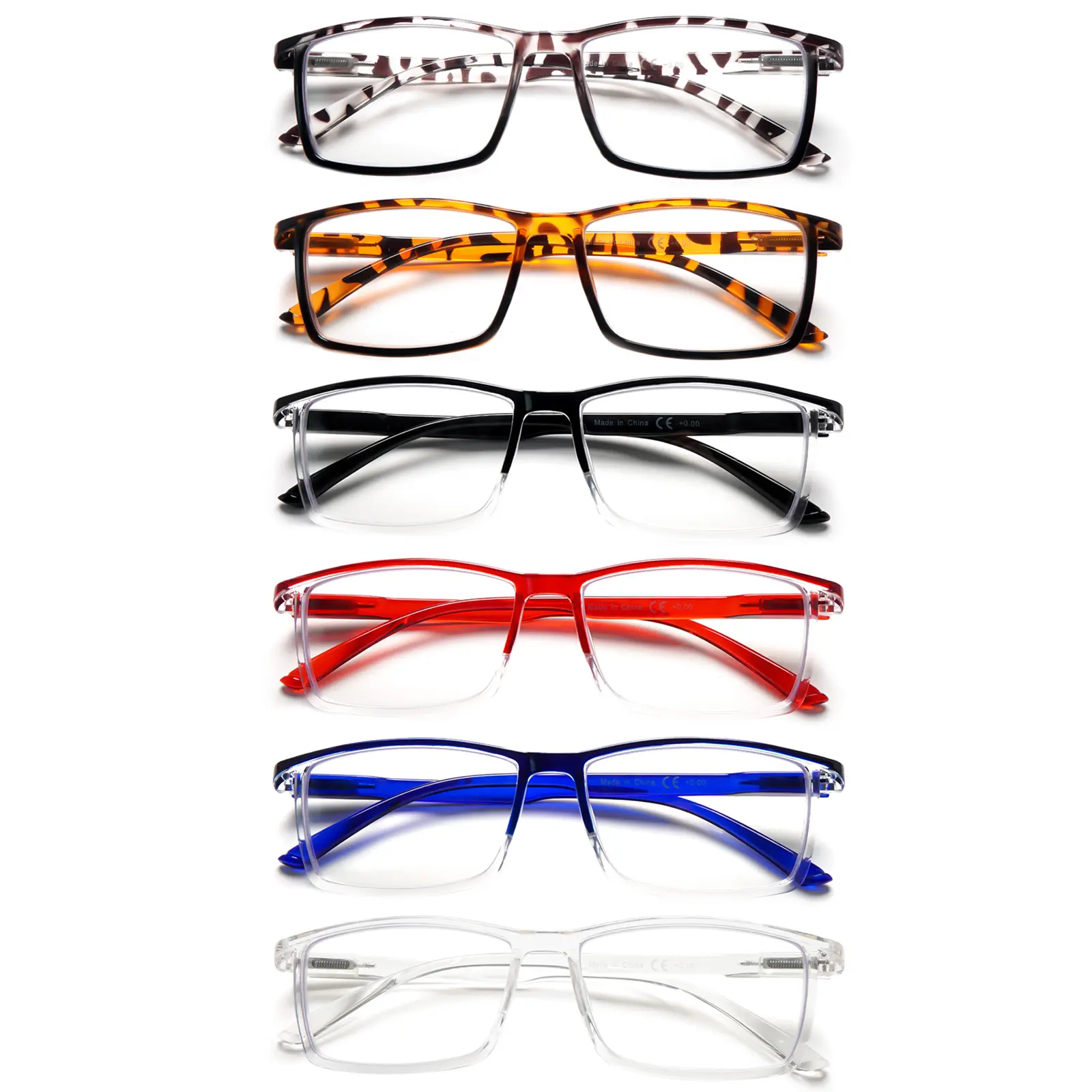 6 Packs Simple, Timeless Reading Glasses with Blue Light Protection, suitable for both men and women. Rectangular plastic frames with sturdy spring-loaded metal hinges. Helps relieve eye strain.Perfect for reading, commuting, and business settings.