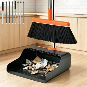 Dustpan Combo Set for Home/Office, Self-Cleaning Dustpan Teeth for Pet Hair, Extendable Long Handle up to 51.2in, Upright Standing Brooms for Sweeping Indoor/Outdoor
