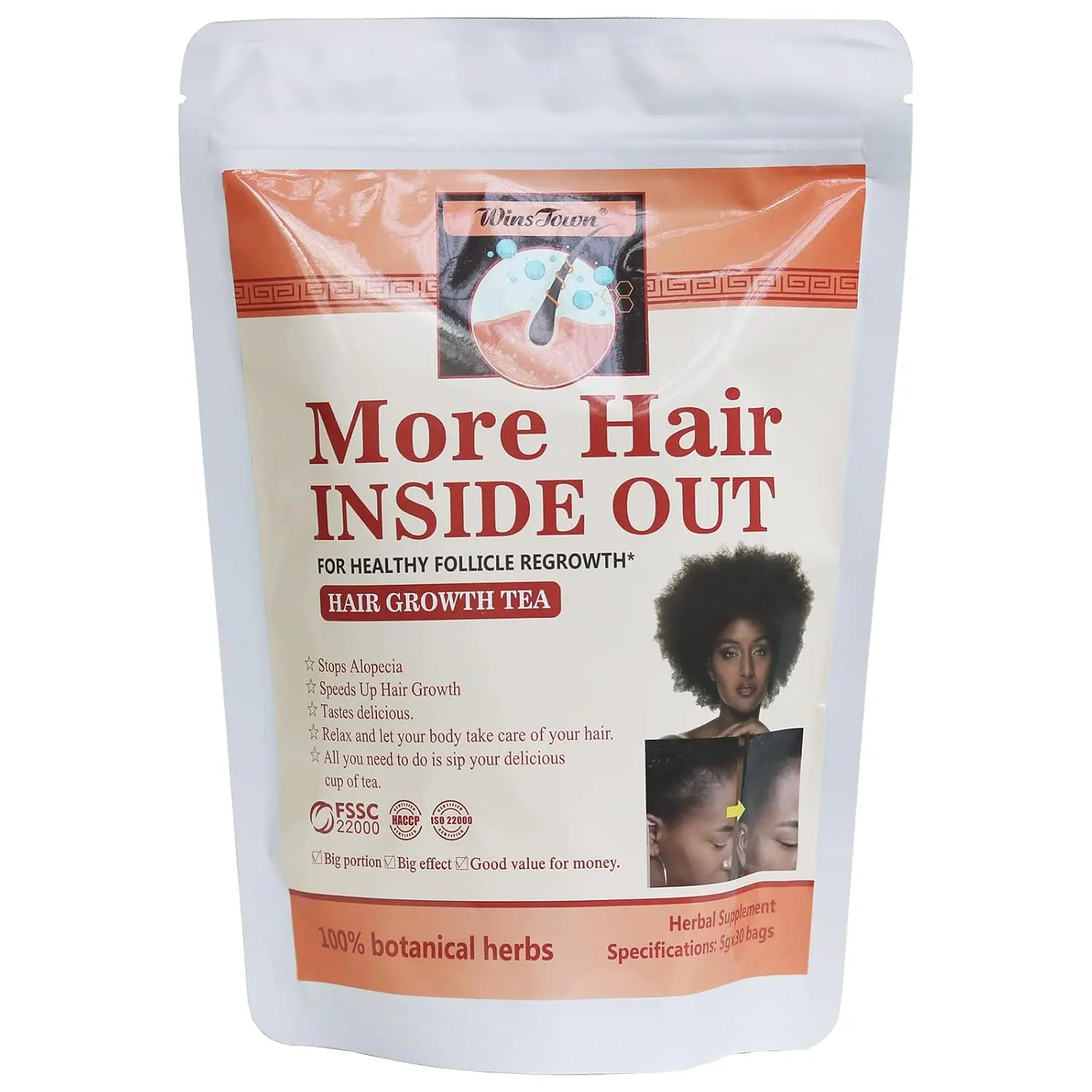 Wins Town Hair Growth Tea for Healthy Follicle Regrowth 30 Tea Bags Haircare Supplement Biotin Cleansing Solution 5g*30 Bags Pack 150g HACCP HALAL ISO 22000 Certified