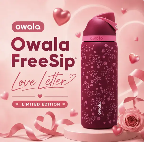 Owala FreeSip Love Letter 32 oz Insulated Stainless Steel Water Bottle – Floral Heart Design, Built-In Straw, Leak-Resistant Lid & Carry Loop