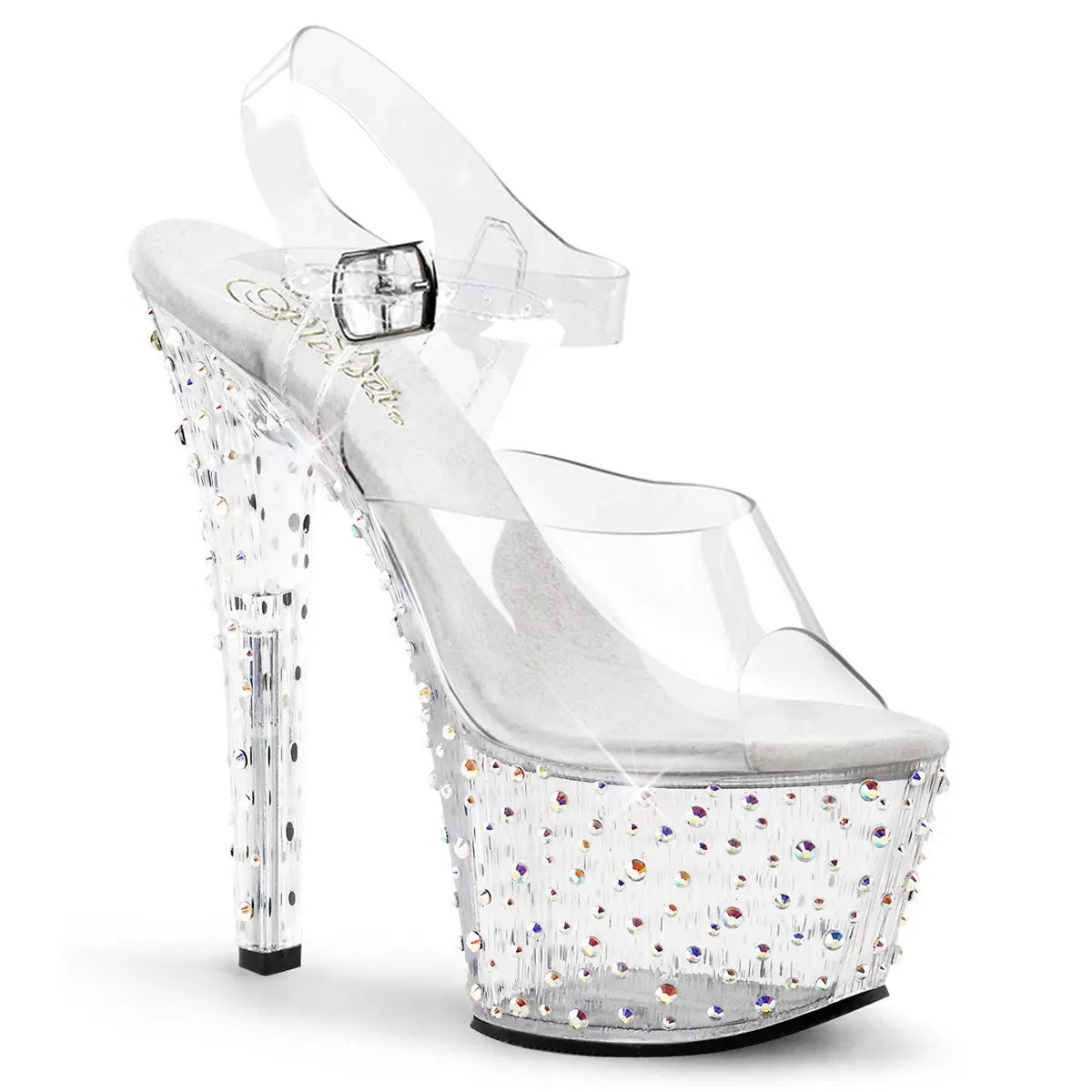 Pleaser Women's Heeled Ankle Strap Sandals - Stardance-708 Rhinestone High Heel Platform Shoes with Clear/Multicolor Rhinestones, Stylish Classy Elegant Footwear