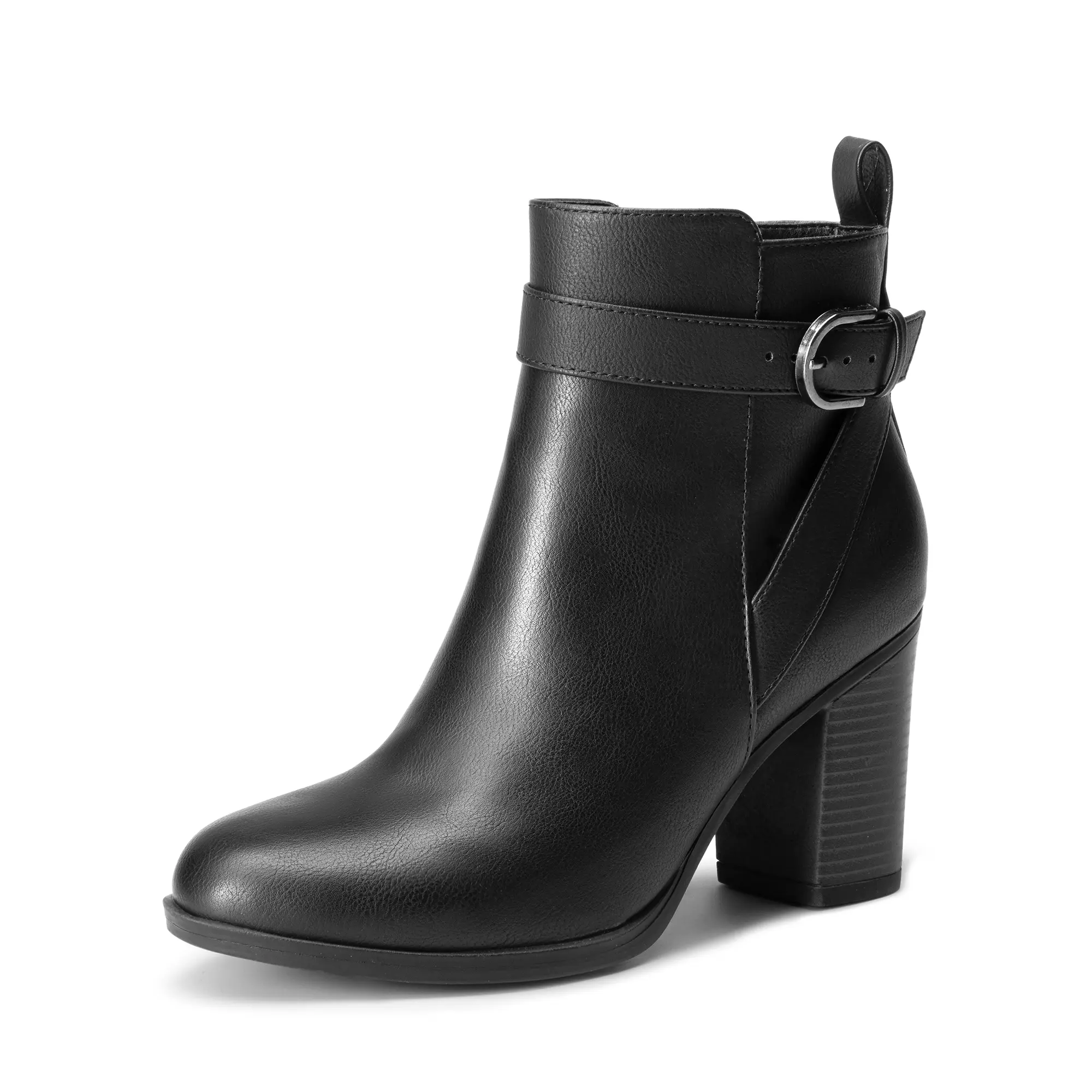 Women's Chunky Vegan Leather Ankle Boots with a Round Toe, Side Zipper, and 8.5cm Block Heel for Fall Winter