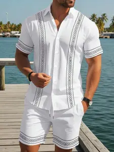 Mexican Guayabera Style Hawaiian Set, Soft Skin-Friendly Material, Collared Blouse & Drawstring Shorts, Beach Vacation, Tropical, Casual, Daily