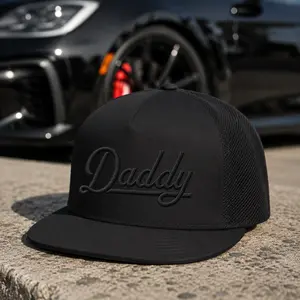 [BEST 2026] Black Daddy Embroidered Trucker Hat, Black on Black Snapback Cap, Father’s Day Gift for Dad, Minimal Dad Hat
