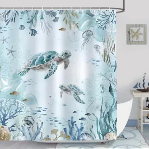 Sea Turtle Shower Curtain, Teal Blue Ocean Beach Coastal Bathroom Decor, Polyester Fabric Waterproof Bath Curtain with 12 Hooks