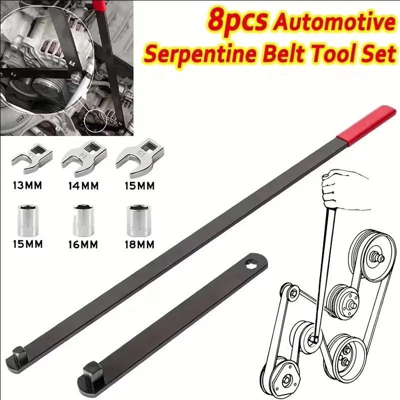 8pcs Professional Automotive Serpentine Belt Tool Set, Universal 3/8" 1/2" Drive Serpentine Belt Adjust Tightener Wrench Tool Set, Idler Pulley Adjuster Wrench, Easy to Install, Automotive Belt Removal And Installation Kit for Car Engine Repair
