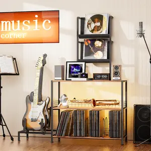 Vinyl Record Player Stand with Guitar Stand, Record Player Table with RGB LED Light, Record Player Cabinet with Vinyl Storage Holds up to 300+ Albums, Vinyl Player Stand for Home Use