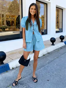 Women's Plaid Vacation Casual Short Fitted Set, Summer Matching Set, Soft and Comfortable Fabric, Perfect for Relaxing Holidays, Stylish and Cozy, Matching Lounge Sets