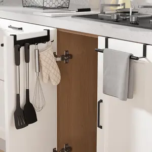 2 Pack Matte Black Metal Over The Cabinet Door Towel Bar with Hooks - Kitchen Towel Holder Organizer for Hanging Utensils