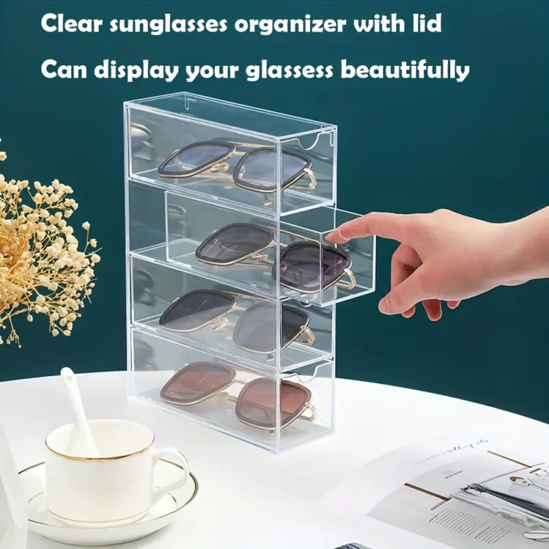 [Acrylic Glasses Display Case] Stackable Acrylic Glasses Display Case - Multi-Functional Women's Eyewear Storage Organizer Glasses Holder with Clear Lid Portable Sunglasses Organizer
