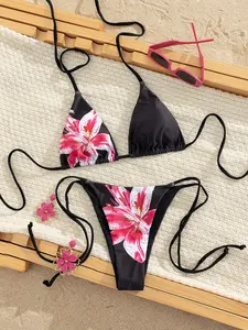 Ladies' summer beach black floral pattern two-piece bikini, Floral Print Bikini, triangle tie high neck top and side tie bottom, extremely tempting sexy swimwear, suitable for women, holiday pool party fashion swimsuit, Bikini Set