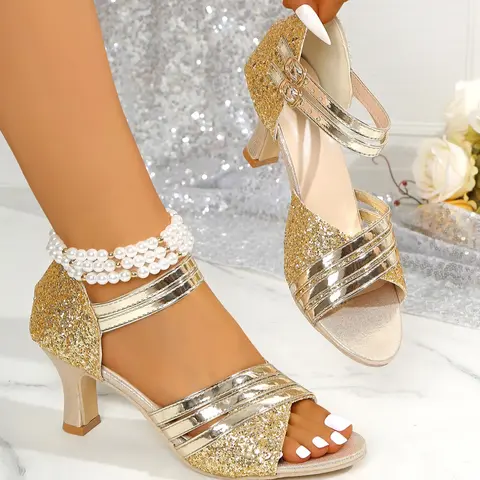 Women's Sequins Toe-Open High Heels, Sparkling Buckle Strap Glitter Dress Sandals, Multi-Band Chunky Sole Shoes for Parties and Weddings, Party Footwear, Fashionable Footwear